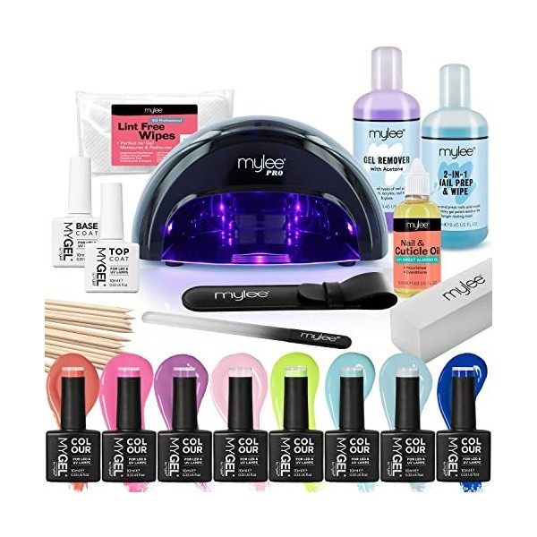 Mylee Kit de Manucure Complet, Vernis à Ongles Gel 8 Couleurs MYGEL, Base et Top coat, Lampe LED Convexe de Séchage, Préparat