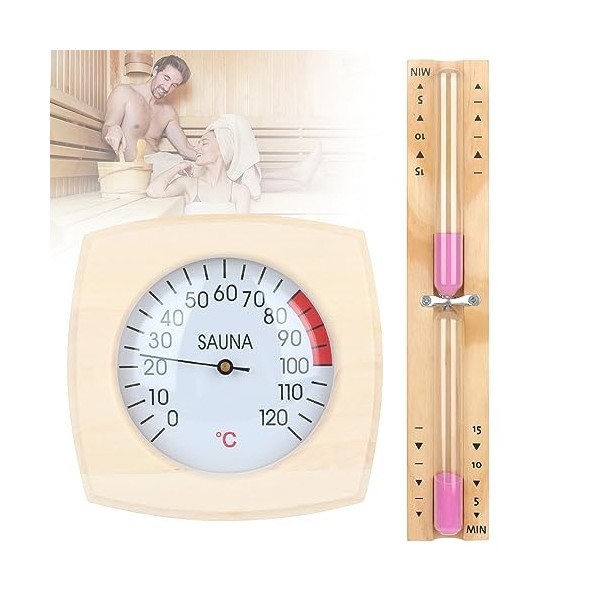FENYW Thermomètre de sauna en bois, thermomètre analogique avec sablier, thermomètre de sauna en bois, accessoire de sauna de