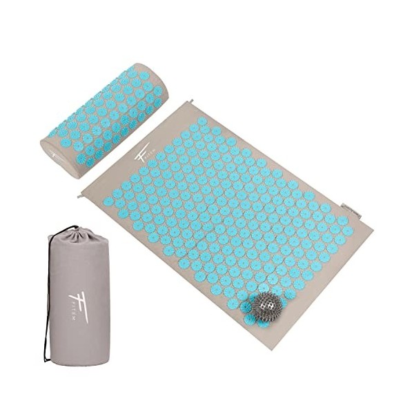 Fitem - Kit dacupression - Relaxation Musculaire - Tapis, Coussin fleur, Sac, Boule de Massage, Soulage douleurs Dos et Cou.