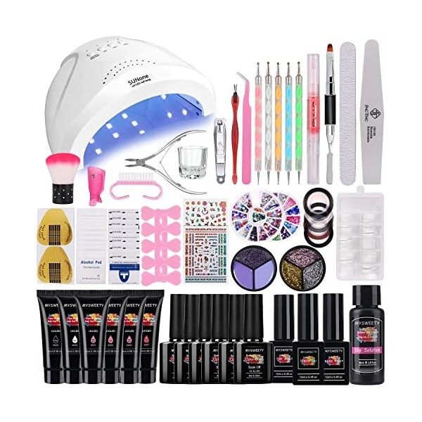 48W Lampe Manucure Kite de Gel, MYSWEETY Ongle Gel Kit Complet Onglerie Materiel Professionnel avec 6 Polygel, 6 Vernis à Ong