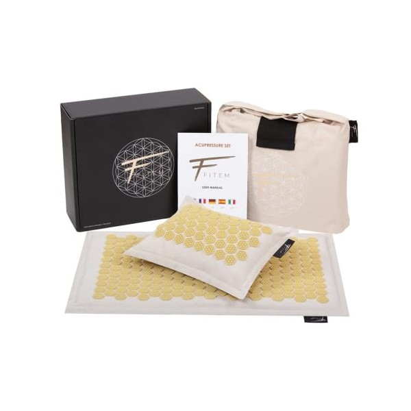 Fitem Set dAcupression HAUTE GAMME & NATUREL - Tapis dAcupression + Coussin + Sac - Soulage douleurs Dos et Cou - Relaxatio