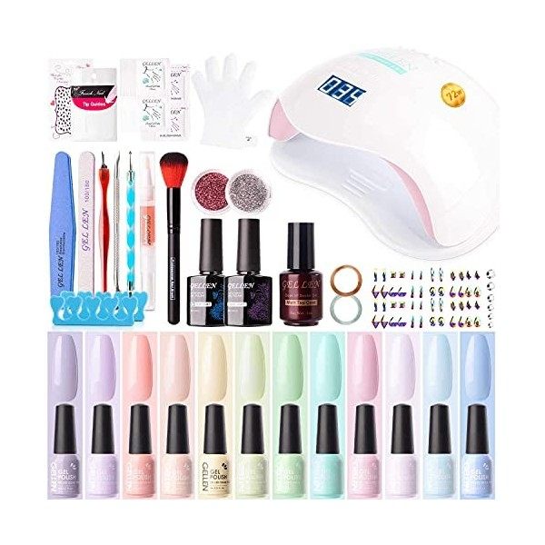 Gellen Kit Manucure Complet Vernis Semi Permanent Lampe 72W LED Séchoirs à Ongles, 12 Couleurs Vernis Gel UV Couleur Macaron 