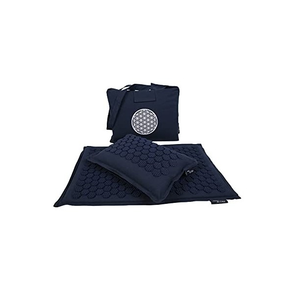 PRO 11 WELLBEING Eco Ensemble tapis dacupression et oreiller avec grand sac de transport bleu marine 