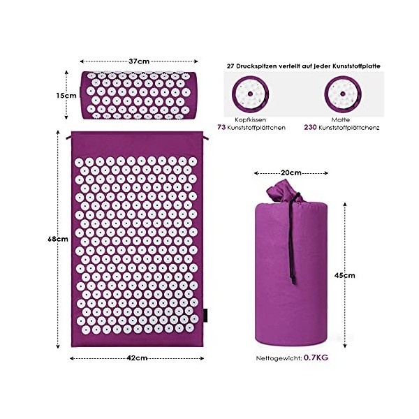 Kit dacupression avec coussin contre le cou et les maux de dos, thérapie magnétique et acupression avec un sac de transport,