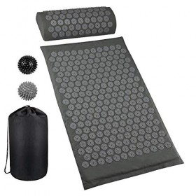 Tapis dacupression avec oreiller et 2 balles de massage à picots - Sac de transport pour soulager la douleur et détendre les