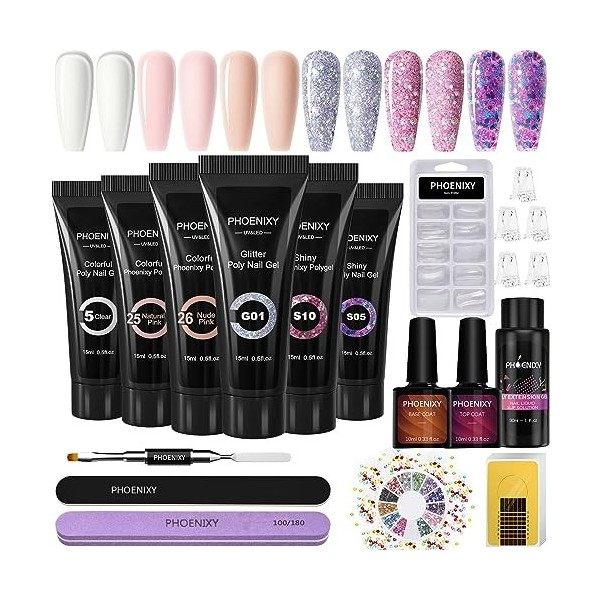 Poly Nail Extension Gel Kit, Phoenixy 6 Couleurs 15ml Poly Nail Gel Blanc Rose Pailleté Acrygel Ongle Gel Complet Kit Ongle P