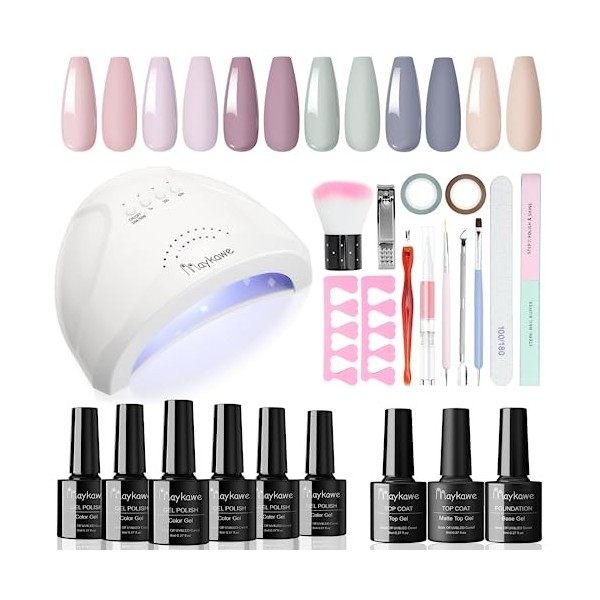 Maykawe Kit Vernis Semi Permanent Complet 48W Lampe UV, 6 Couleurs Nude Gris Rose Vernis à Ongles Gel Polish, Base et Top Coa