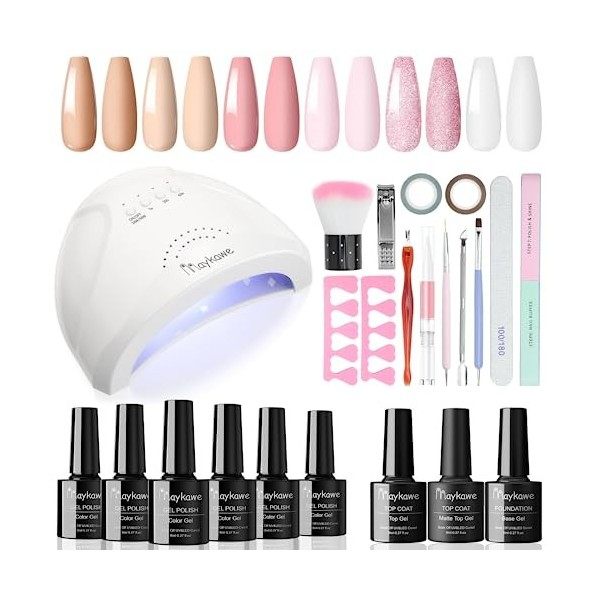 Maykawe Kit Vernis Semi Permanent Complet 48W Lampe UV, 6 Couleurs Nude Gris Rose Vernis à Ongles Gel Polish, Base et Top Coa