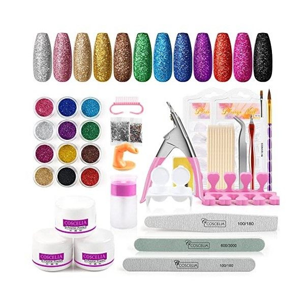 COSCELIA Kit Acrylique Ongles avec Paillettes, Strass Decoration Ongle et Pointes, Poudre Acrylique Pour Ongles Complet Kit C