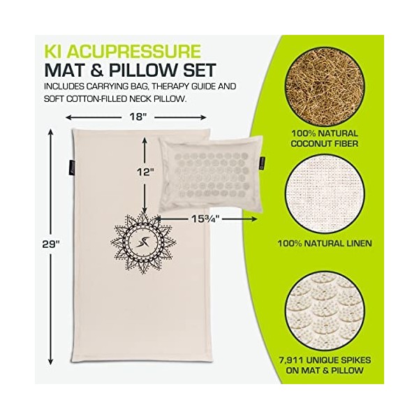 ProsourceFit Ki Acupressure Mat and Pillow Set with 100% Natural Linen for Back and Neck Muscle Relaxation, Sand Dunes