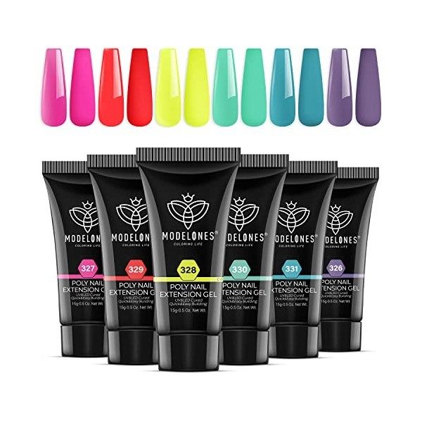 Modelones Polygel Kit Complet 6 Couleur avec Base et Top Coat Vernis Semi Permanent Slip Slolution