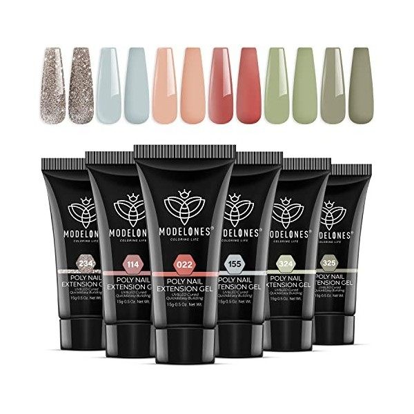 Modelones Polygel Kit Complet 6 Couleur avec Base et Top Coat Vernis Semi Permanent Slip Slolution