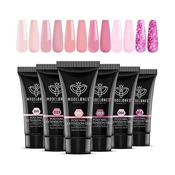 Modelones Polygel Kit Complet 6 Couleur avec Base et Top Coat Vernis Semi Permanent Slip Slolution