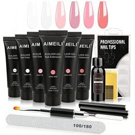 AIMEILI Builder Gel Kit Gel Construction Ongle UV 6 Couleurs Extension Ongle Gel Semi Permanent avec Slip Solution Faux Ongle
