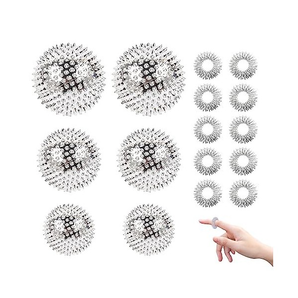 Sporgo Lot de 6 balles dacupression magnétiques : différentes tailles - Balle de massage magnétique - Avec 10 anneaux de mas