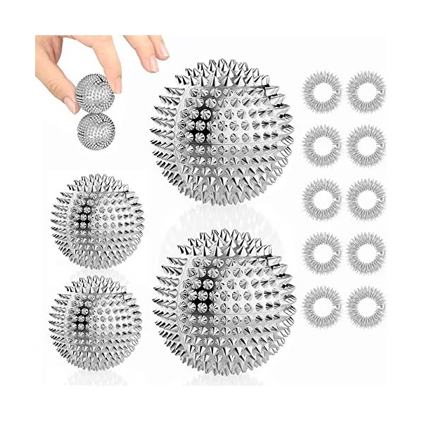 4 Boules de Massage + 10 Sacs DAcupression, Métal Masseur Principal Balle32mm 47mm, Boule de Massage Dure Est Utilisé pour M