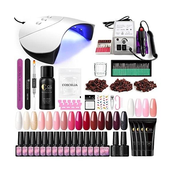 COSCELIA Lot de 15 vernis à ongles UV avec lampe UV 36 W + 4 ongles en gel à montage rapide Kit de démarrage avec ponceuse à 