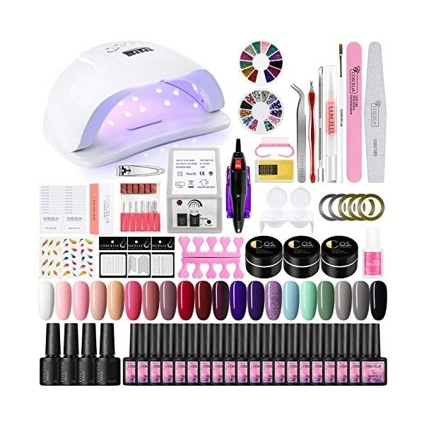 COSCELIA Lot de 15 vernis à ongles UV avec lampe UV 36 W + 4 ongles en gel à montage rapide Kit de démarrage avec ponceuse à 