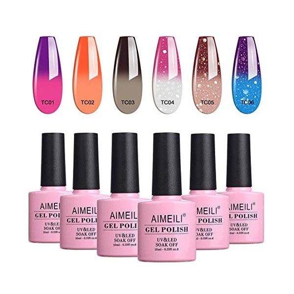 AIMEILI Vernis Semi Permanent Pailleté Caméléon Thermique Température Changement 6 Couleurs 10ml, Lot Vernis à Ongles Gel UV ...