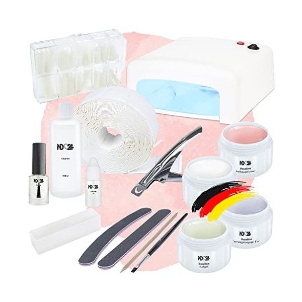 ND24 NailDesign - Kit de démarrage pour ongles en gel Basic avec gel adhésif UV, gel de construction, gel French, gel de scel