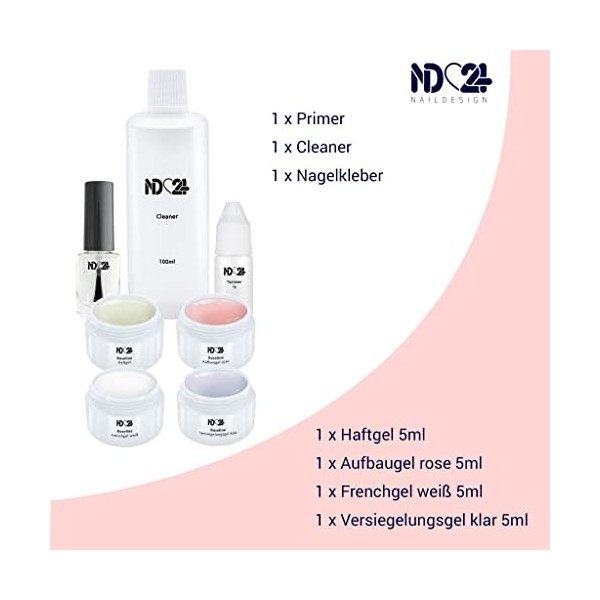 ND24 NailDesign - Kit de démarrage pour ongles en gel Basic avec gel adhésif UV, gel de construction, gel French, gel de scel