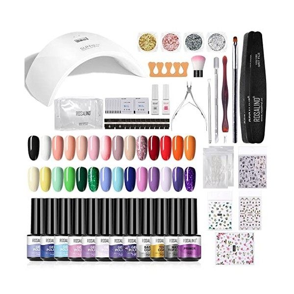 ROSALIND Kit Vernis Semi Permanent 36W UV/LED Lampe, 28x Mini Ongle Gel UV Complet Capsule Debutant contient Matte Gel Top Ba