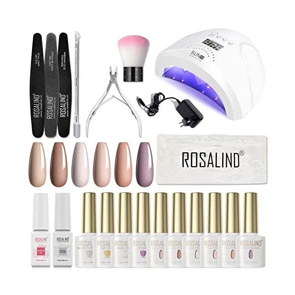 ROSALIND Kit Vernis Semi Permanent Complet UV LED Lampe 48W, 6 Couleurs 10ml Vernis Gel UV Semi Permanent avec Base et Top Co