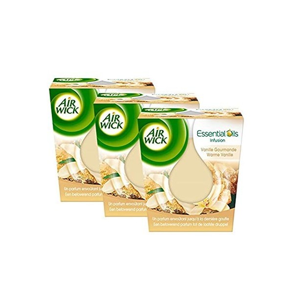 Air Wick Desodorisant Maison Bougie Parfumée Huiles Essentielles Vanille Gourmande - 105g - Lot de 3