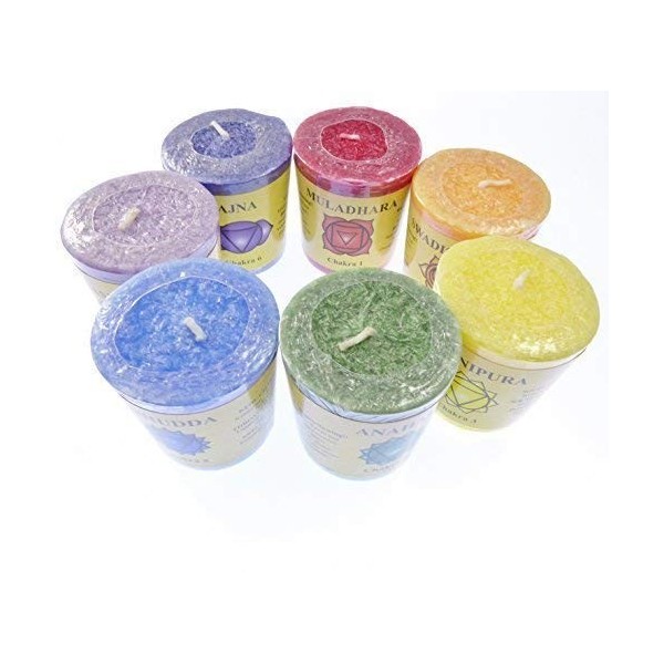 7 x Commerce équitable arc-en-ciel chakra bougies votives coffret cadeau parfumé huiles essentielles 16hr temps de brûlage pa