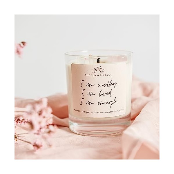 Self-Love Affirmation Crystal Candle – Bougie en cire de soja parfumée pivoine, daim blush dans un coffret cadeau 200 ml ave