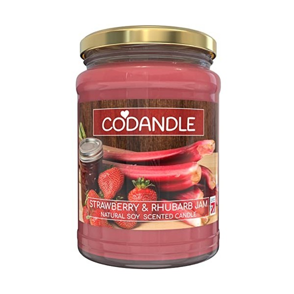 Codandle Candle Bougie parfumée à la Fraise et à la rhubarbe - Grande Bougie parfumée au soja végétalien - Durée de Combustio