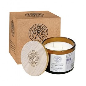 FARM TO AROMATHERAPY Bougie parfumée pour détente en verre avec couvercle en bois et 2 mèches – Blanc et végétalien – Avec hu