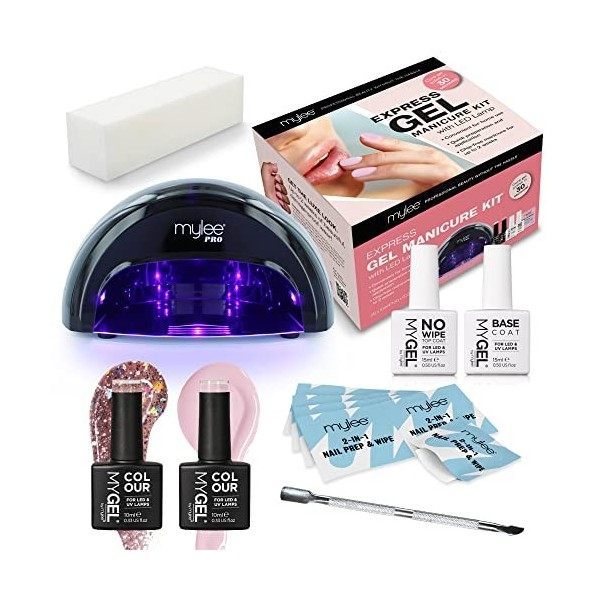 Mylee Essentials Gel Nail Polish LED Lamp Kit, 2x MYGEL Colours, No Wipe Top & Base Coat, Mylee PRO Salon Series LED Lamp, Pr