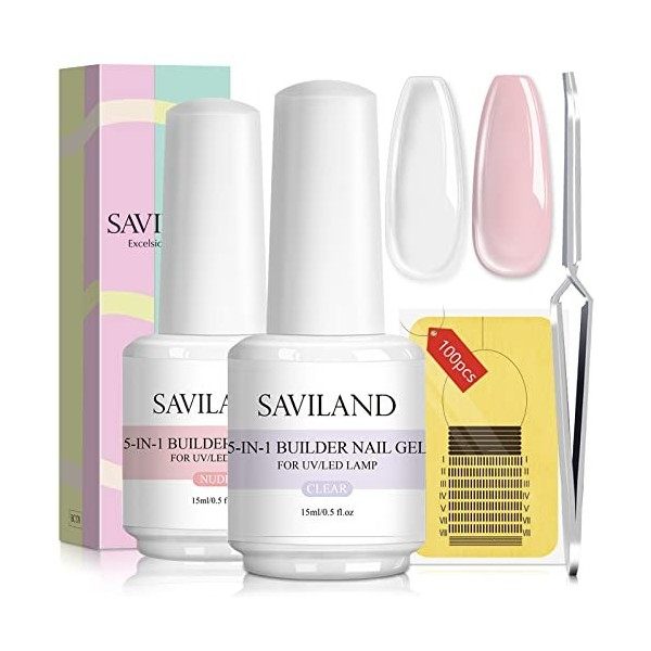 Saviland Gel Construction Ongle U V 5 en 1, Clair & Nudes Rose Naturelle Builder Gel, Contrôle Facile Gummy Base Pose America