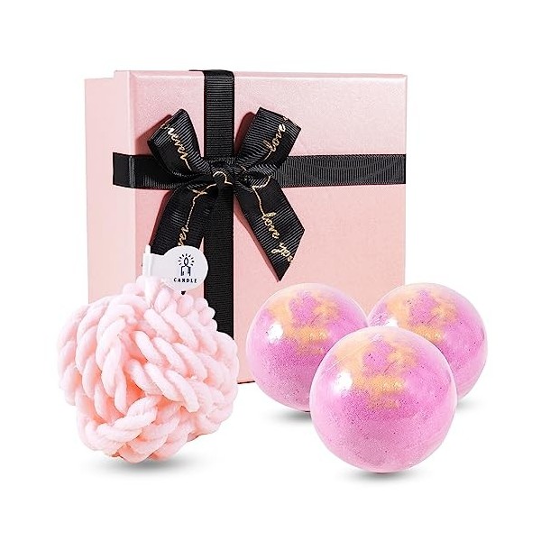 Soulnioi Coffret cadeau daromathérapie Bougie parfumée en forme de boule de laine rose et 3 bombes de bain parfumées à la ro