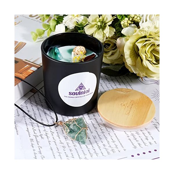 Soulnioi Coffret cadeau daromathérapie en cristal de fluorite vert irrégulier avec pendentif en pierre brute et tasse parfum