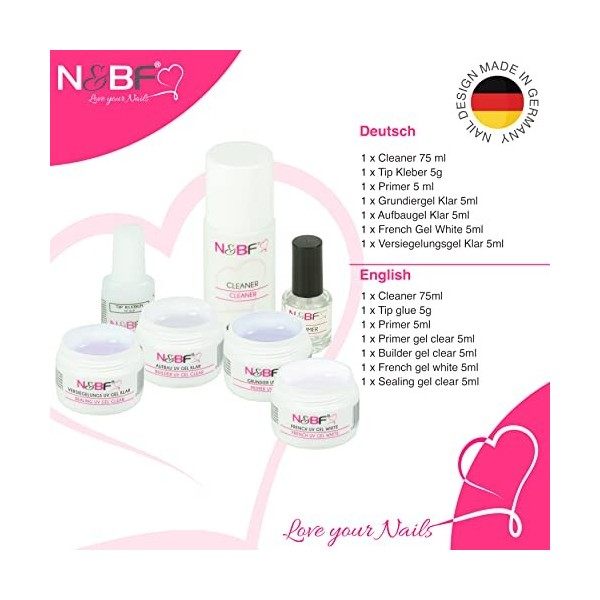 N&BF Nail Design Kit de démarrage pour ongles en gel avec gel de base, gel de construction, gel freinch, gel de mastication –