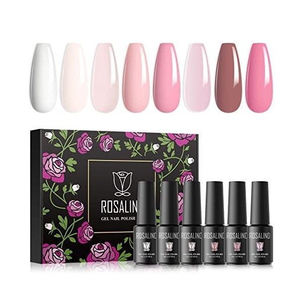 ROSALIND Vernis Semi Permanent, Rose Blanc Couleurs 5ml Vernis à Ongles, Vernis Gel UV LED Soak Off Manucure Nail Art Set Gel