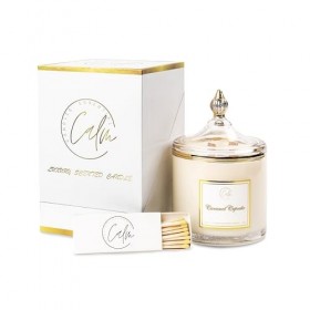 CALM CANDLES ESSENTIAL - Bougie à mèche en bois au caramel, infusée avec de lhuile essentielle de caramel, cannelle, clou de