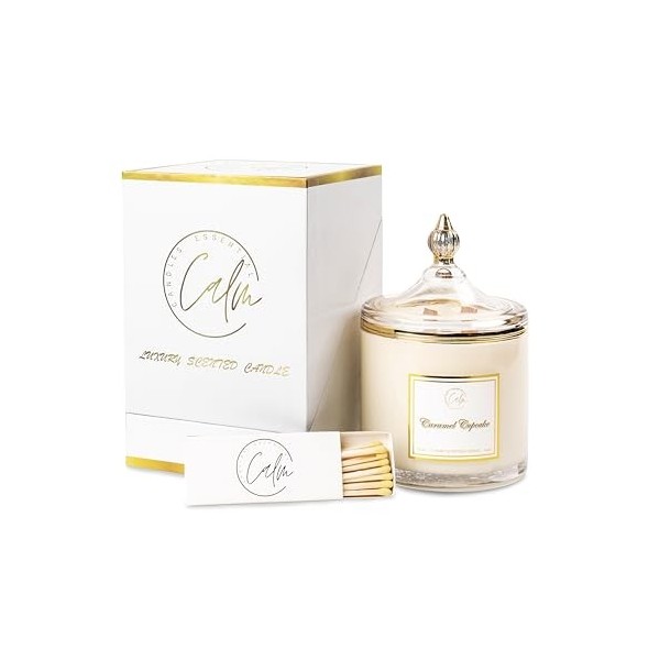 CALM CANDLES ESSENTIAL - Bougie à mèche en bois au caramel, infusée avec de lhuile essentielle de caramel, cannelle, clou de