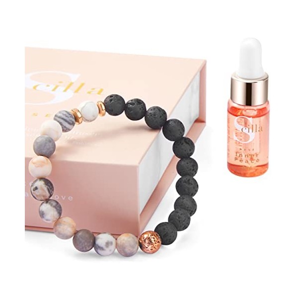 Bracelet Diffuseur Huile Essentielle - Pierre de Lave & Cristal avec Breloque Coeur - Huile de Paix Intérieure pour Sommeil -