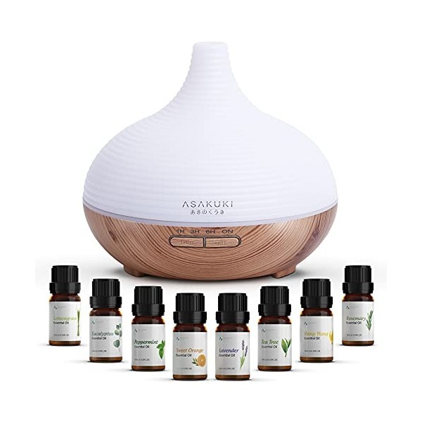 ASAKUKI Diffuseur dHuiles Essentielles 300ml avec 8 * 10ml Top Huiles Essentielles,Humidificateur Ultrasonique Diffuseur Aro