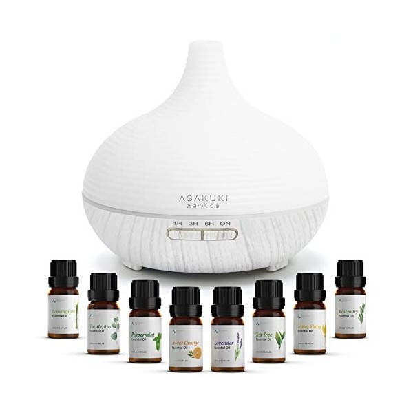 ASAKUKI Diffuseur dHuiles Essentielles 300ml avec 8 * 10ml Top Huiles Essentielles,Humidificateur Ultrasonique Diffuseur Aro