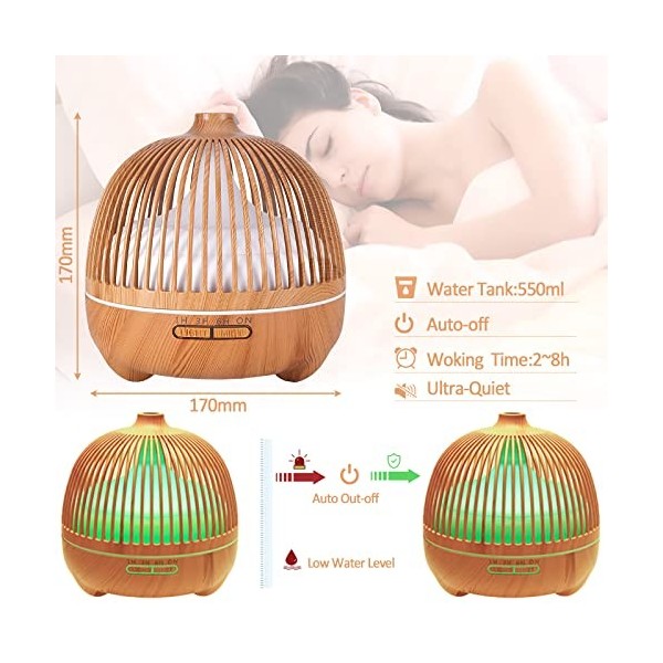 VIPNAJI Diffuseur dHuiles Essentielles, 550ml Humidificateur Ultrasonique Diffuseur Aromathérapie avec 7 Couleurs Lumières L