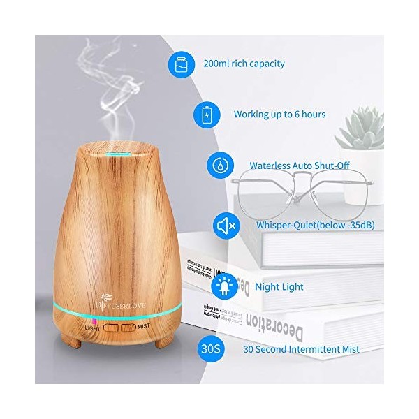 Diffuserlove Diffuseur dHuiles Essentielles Electrique 200ML Humidificateurs de Brume de Diffuseur dArôme de Grain de Bois 