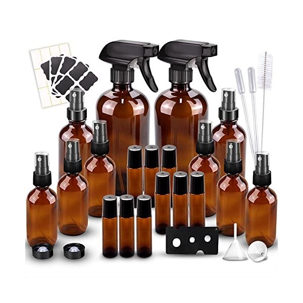 Glass Spray Bottles Kits, BonyTek Empty 12 10 ML Roller Bottles, 12 Amber Essential Oil Bottle 216oz,24oz,82oz with Labels f