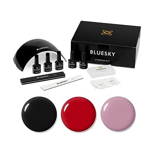 Bluesky Kit de démarrage pour vernis à ongles gel, avec lampe LED UV 24 W, 3 vernis à ongles gel de 10 ml, lingettes nettoyan