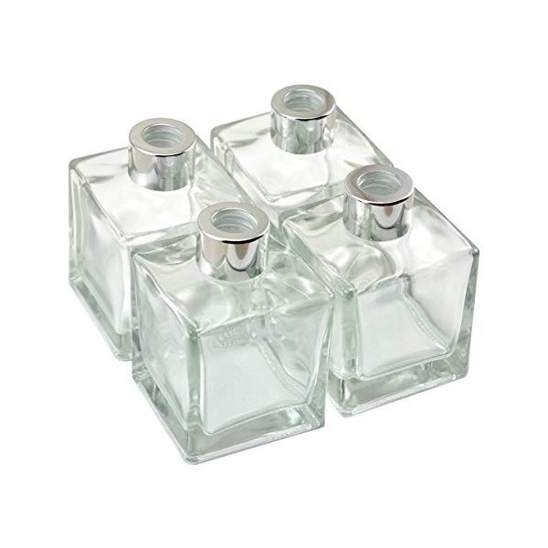 Ougual Bouteilles en Verre carrées 4 pièces pour Ensemble de diffuseur dhuiles essentielles 200ML, Bouchon Argent 