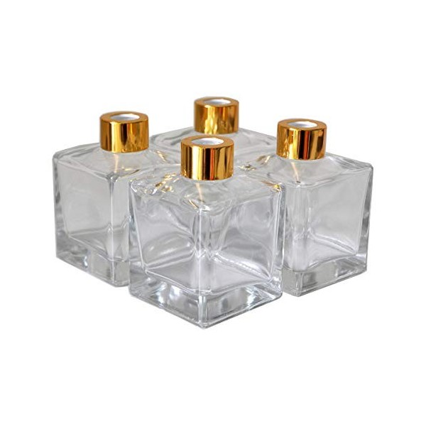 Ougual Bouteilles en Verre carrées 4 pièces pour Ensemble de diffuseur dhuiles essentielles 200ML, Bouchon Argent 