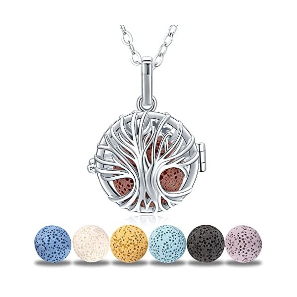 Odinstone Collier Diffuseur Huiles Essentielles pour Femme, Pendentif Aromathérapie Arbre De La Vie en Argent Plaqué, huile e